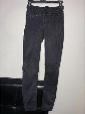Women's Black Acid Wash Denim Skinny Jeans Button Zip 5-Pocket size 1